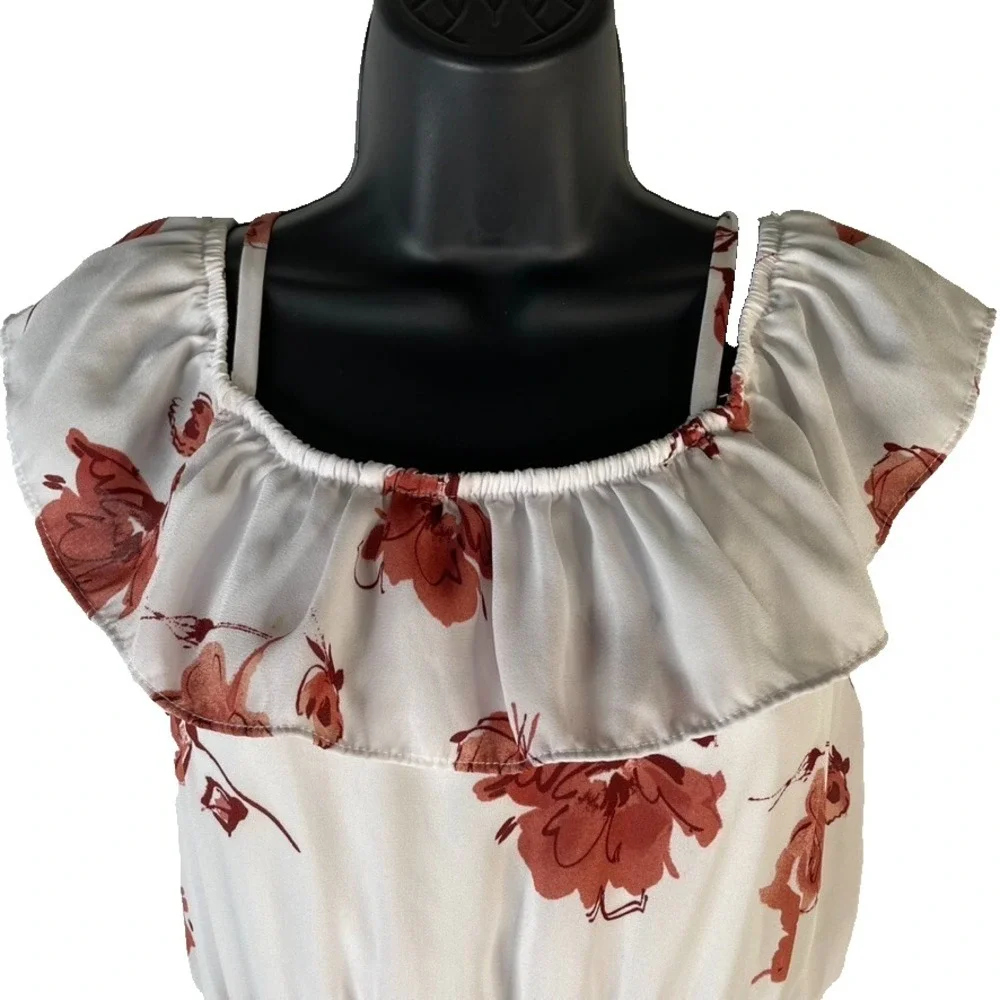 Beautees Women's Midi Dress White Floral Sz 14 Off Shoulder Elastic Waist Tiered